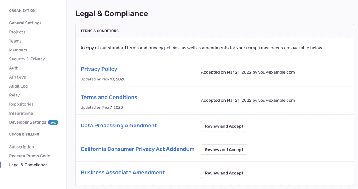 Legal & Compliance Settings